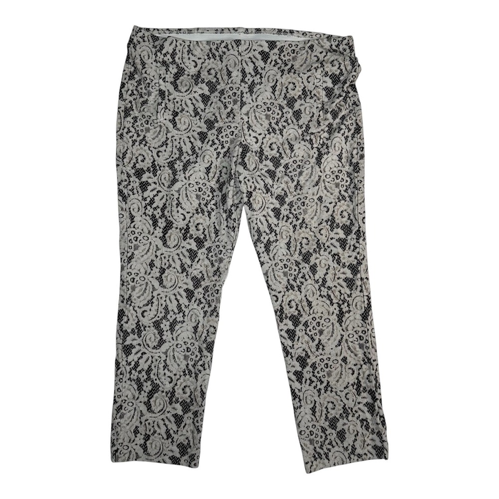 Chicos Lace Print Ankle Pants Size 2.5 XL 18 Gray Black Stretch Pull On Trousers